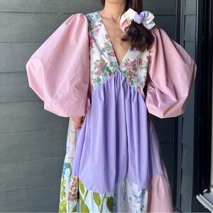 Cloudy Dress | Handmade V-Neck Patchwork Dress in Rose Canvas | SKU 10021